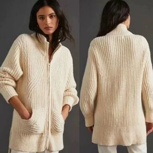 ANTHROPOLOGIE Pilcro Chunky Knit Zip Up Sweater Jacket Size Oversized Wool L